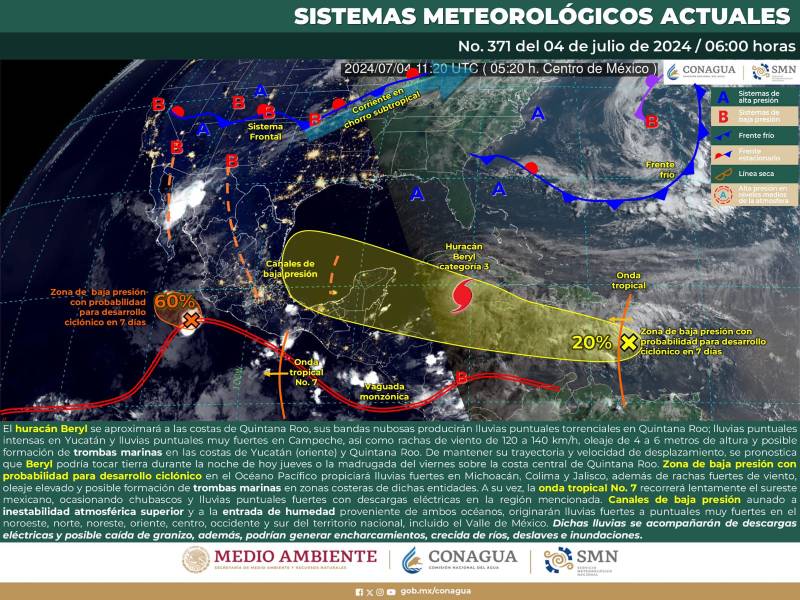 LAS BANDAS NUBOSAS DEL HURACÁN BERYL PRODUCIRÁN LLUVIAS INTENSAS A TORRENCIALES EN LA PENÍNSULA DE YUCATÁN.clamorsocial