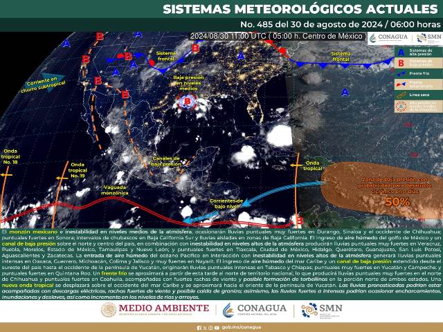 SE PREVÉN LLUVIAS PUNTUALES INTENSAS EN JALISCO, COLIMA, MICHOACÁN, GUERRERO, OAXACA, CHIAPAS Y TABASCO.
