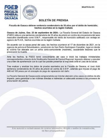 Fiscalía de Oaxaca obtiene sentencia condenatoria de 35 años por el delito de homicidio; hechos ocurridos en la región Cañada