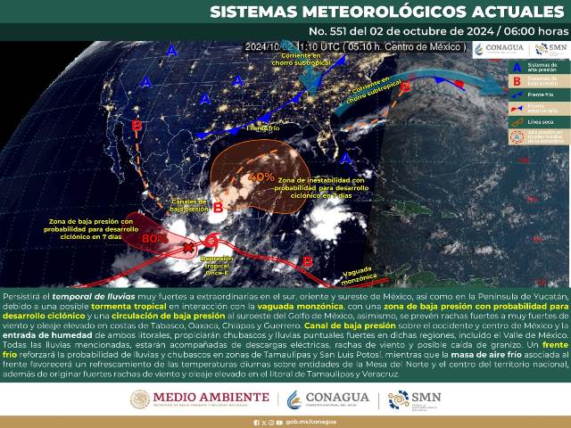 PERSISTIRÁ EL TEMPORAL DE LLUVIAS EN EL SUR, ORIENTE Y SURESTE DE MÉXICO.