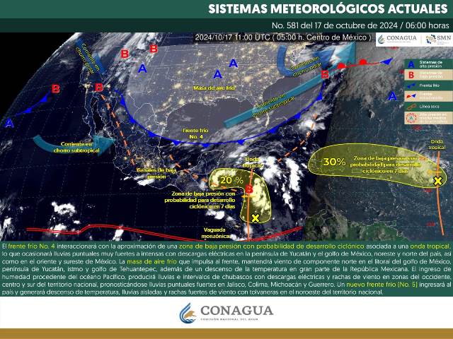 SE PREVÉN LLUVIAS PUNTUALES MUY FUERTES A PUNTUALES INTENSAS EN ESTADOS DEL ORIENTE Y SURESTE DE MÉXICO, INCLUIDA LA PENÍNSULA DE YUCATÁN.