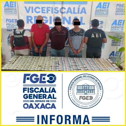 Fiscalía de Oaxaca detiene a tres personas en posesión de billetes falsos en la región de la Costa, fueron llevados ante FGR