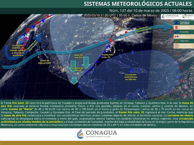 EL FRENTE FRÍO NÚM. 33 PROPICIARÁ LLUVIAS PUNTUALES FUERTES Y EVENTO DE NORTE EN EL SURESTE MEXICANO, ADEMÁS DE LA PENÍNSULA DE YUCATÁN