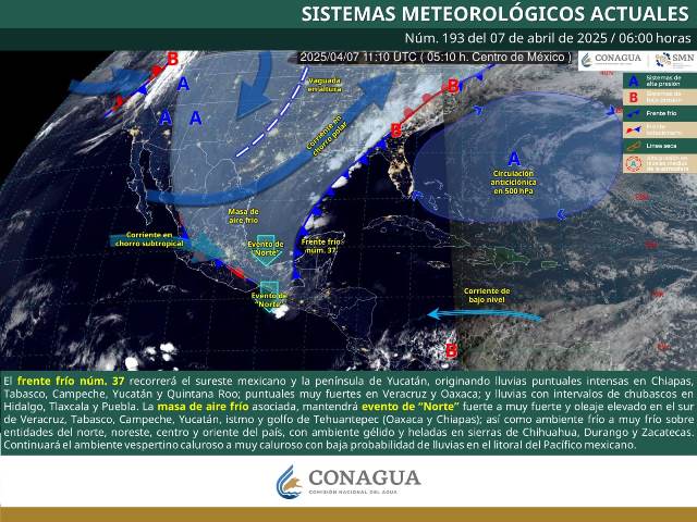 SE PRONOSTICAN LLUVIAS MUY FUERTES A INTENSAS EN EL SURESTE DEL PAÍS Y PENÍNSULA DE YUCATÁN, ASÍ COMO EVENTO DE “NORTE” FUERTE A MUY FUERTE EN EL GOLFO DE MÉXICO, ISTMO Y GOLFO DE TEHUANTEPEC