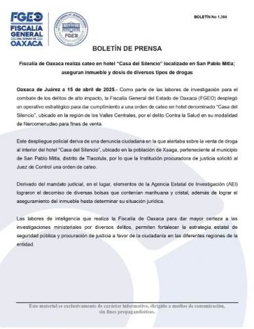 Fiscalía de Oaxaca realiza cateo en hotel “Casa del Silencio” localizado en San Pablo Mitla; aseguran inmueble y dosis de diversos tipos de drogas. clamorsocial.com
