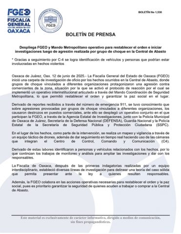 Despliega FGEO y Mando Metropolitano operativo para restablecer el orden e iniciar investigaciones luego de agresión realizada por grupo de choque en la Central de Abasto.- informativoax.com