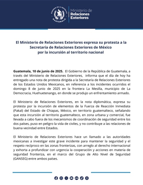 Gobierno de Guatemala expresa protesta por incursión de autoridades mexicanas