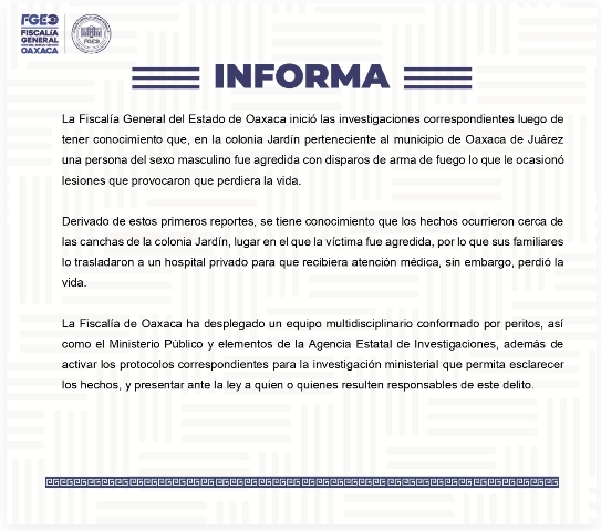 =FISCALÍA INFORMA= Inicia FGEO investigaciones correspondientes tras reporte de persona agredida con disparos de arma de fuego en la colonia Jardín.- CLAMORSOCIAL.COM