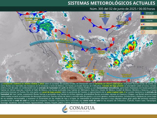 CONTINUARÁN LAS LLUVIAS MUY FUERTES A PUNTUALES INTENSAS EN EL OCCIDENTE, CENTRO, SUR Y SURESTE DE MÉXICO.