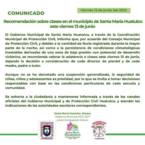 Ayuntamiento de Huatulco recomienda suspensión de clases por lluvias en el municipio.- CLAMORSOCIAL.COM
