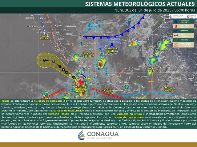 LA EXTENSA CIRCULACIÓN DEL HURACÁN FLOSSIE OCASIONARÁ LLUVIAS INTENSAS A PUNTUALES TORRENCIALES EN SINALOA, NAYARIT, JALISCO, COLIMA, MICHOACÁN Y GUERRERO.- clamorsocial.com