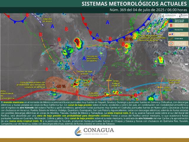 SE PRONOSTICAN LLUVIAS PUNTUALES MUY FUERTES EN SINALOA, COAHUILA, DURANGO Y NAYARIT