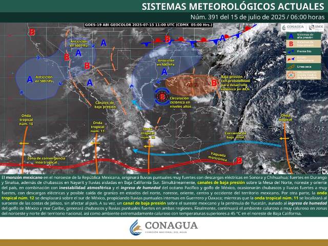 Onda tropical No.12, canal de baja presión sobre el sureste de México e inestabilidad en niveles medios de la atmósfera.