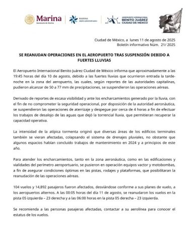 REANUDA OPERACIONES EL AEROPUERTO INTERNACIONAL DE LA CIUDAD DE MEXICO (AICM)