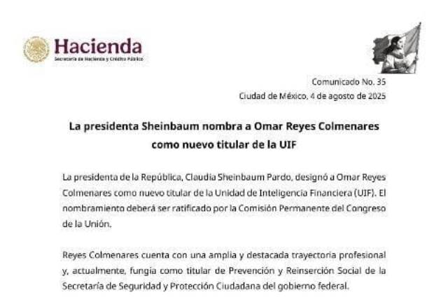 La presidenta Sheinbaum nombra a Omar Reyes Colmenares como nuevo titular de la UIF