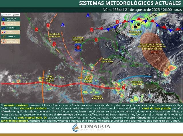 SE PREVÉN LLUVIAS PUNTUALES INTENSAS EN CHIAPAS Y PUNTUALES MUY FUERTES EN SINALOA, COAHUILA, SAN LUIS POTOSÍ, NAYARIT, MICHOACÁN, PUEBLA, GUERRERO, OAXACA, TAMAULIPAS, VERACRUZ Y TABASCO