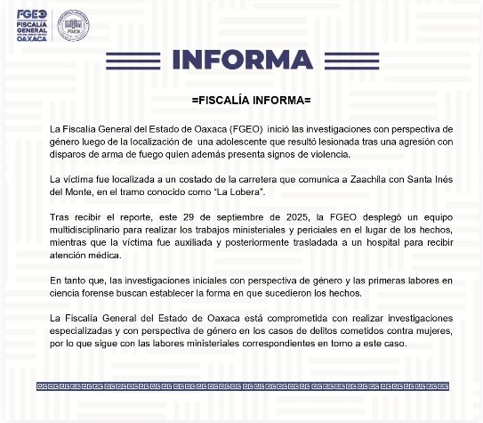 FISCALÍA INFORMA, Caso adolescente localizada en Zaachila.- clamorsocial.com