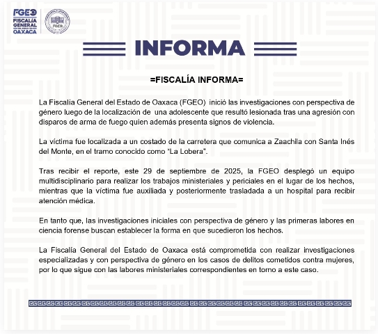 FISCALÍA INFORMA, Caso adolescente localizada en Zaachila.- clamorsocial.com