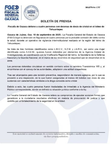 Fiscalía de Oaxaca detiene a cuatro personas con decenas de dosis de cristal en el Istmo de Tehuantepec.- clamorsocial.com