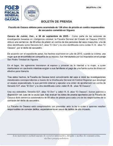 Fiscalía de Oaxaca obtiene pena acumulada de 130 años de prisión en contra responsables de secuestro cometido en Viguera.- clamorsocial.com