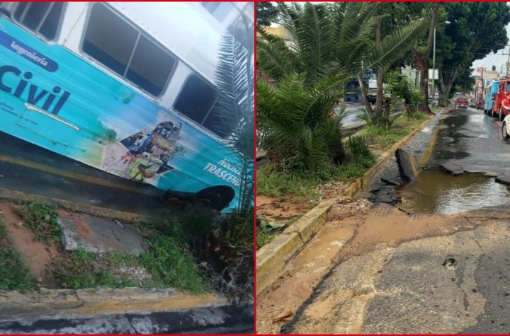 Cae autobús en un socavón en la colonia Reforma