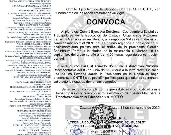 Presidenta Claudia Sheinbaum será recibida en Oaxaca con manifestación del magisterio de la Sección XXII