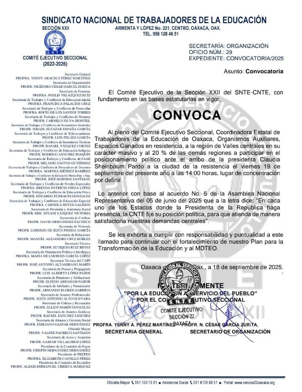 Presidenta Claudia Sheinbaum será recibida en Oaxaca con manifestación del magisterio de la Sección XXII
