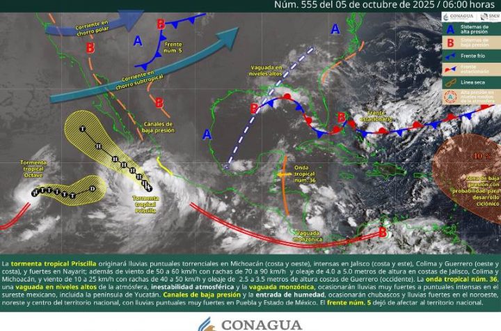 LLUVIAS PUNTUALES INTENSAS A TORRENCIALES, RACHAS DE VIENTO Y OLEAJE ELEVADO EN EL OCCIDENTE Y SUR DEL PAÍS POR EFECTOS DE PRISCILLA