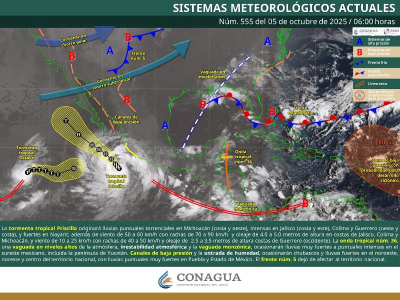 LLUVIAS PUNTUALES INTENSAS A TORRENCIALES, RACHAS DE VIENTO Y OLEAJE ELEVADO EN EL OCCIDENTE Y SUR DEL PAÍS POR EFECTOS DE PRISCILLA