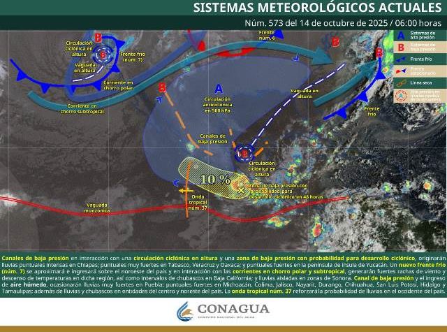 SE PREVÉN LLUVIAS PUNTUALES INTENSAS EN CHIAPAS Y PUNTUALES MUY FUERTES EN PUEBLA, GUERRERO, OAXACA, VERACRUZ Y TABASCO.- CLAMORSOCIAL.COM