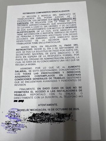 Trabajadores del Poder Judicial de la Federación de Michoacán realizan paro de labores con toma de sedes