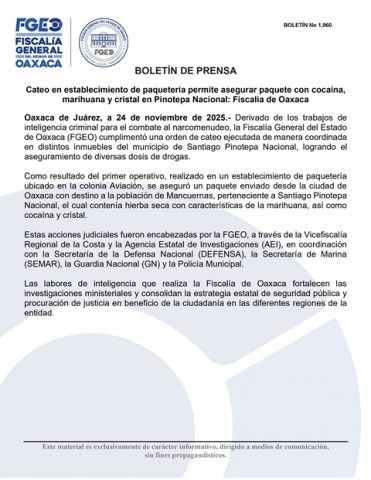 Cateo en establecimiento de paquetería permite asegurar paquete con cocaína, marihuana y cristal en Pinotepa Nacional: Fiscalía de Oaxaca