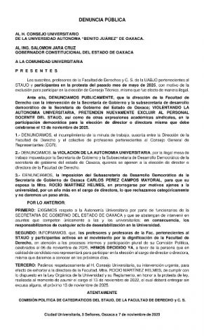 Profesores de la UABJO denuncian intromisión del Gobierno estatal en elección de la Facultad de Derecho