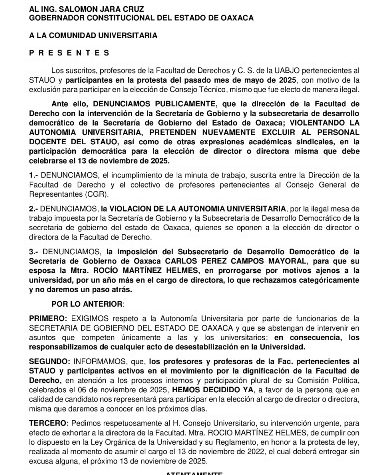 Profesores de la UABJO denuncian intromisión del Gobierno estatal en elección de la Facultad de Derecho