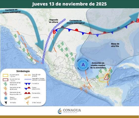 SE PREVÉN LLUVIAS PUNTUALES TORRENCIALES EN EL SUR DE QUINTANA ROO, ASÍ COMO VIENTOS FUERTES EN EL GOLFO DE TEHUANTEPEC