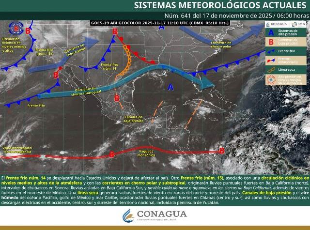 SE PREVÉN FUERTES RACHAS DE VIENTO, LLUVIAS PUNTUALES FUERTES Y CAÍDA DE NIEVE O AGUANIEVE EN ZONAS DE BAJA CALIFORNIA