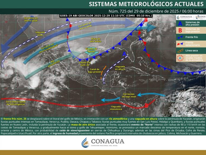 SE PRONOSTICAN LLUVIAS FUERTES A INTENSAS EN ESTADOS DE ORIENTE Y SURESTE DE MÉXICO, ASÍ COMO EVENTO DE NORTE INTENSO EN COSTAS DE VERACRUZ Y OAXACA.