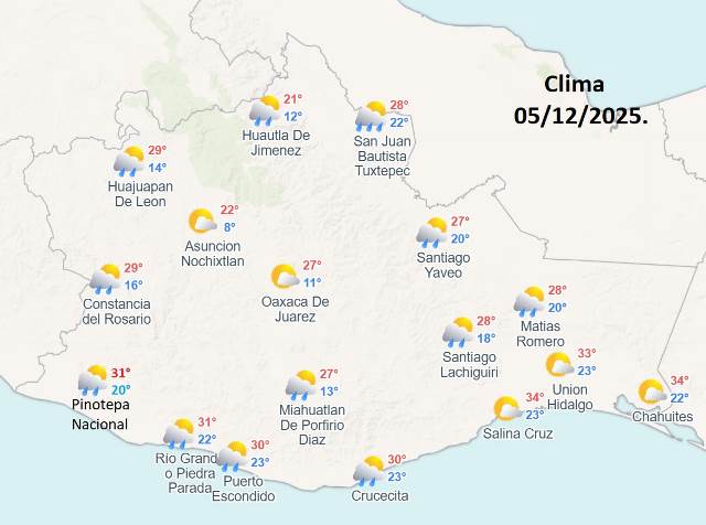 CHUBASCOS Y POSIBLES DESCARGAS ELÉCTRICAS EN GUERRERO, OAXACA Y CHIAPAS. Pronóstico del clima para el 05 de diciembre de 2025