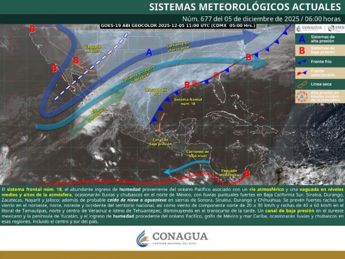 CHUBASCOS Y POSIBLES DESCARGAS ELÉCTRICAS EN GUERRERO, OAXACA Y CHIAPAS. Pronóstico del clima para el 05 de diciembre de 2025