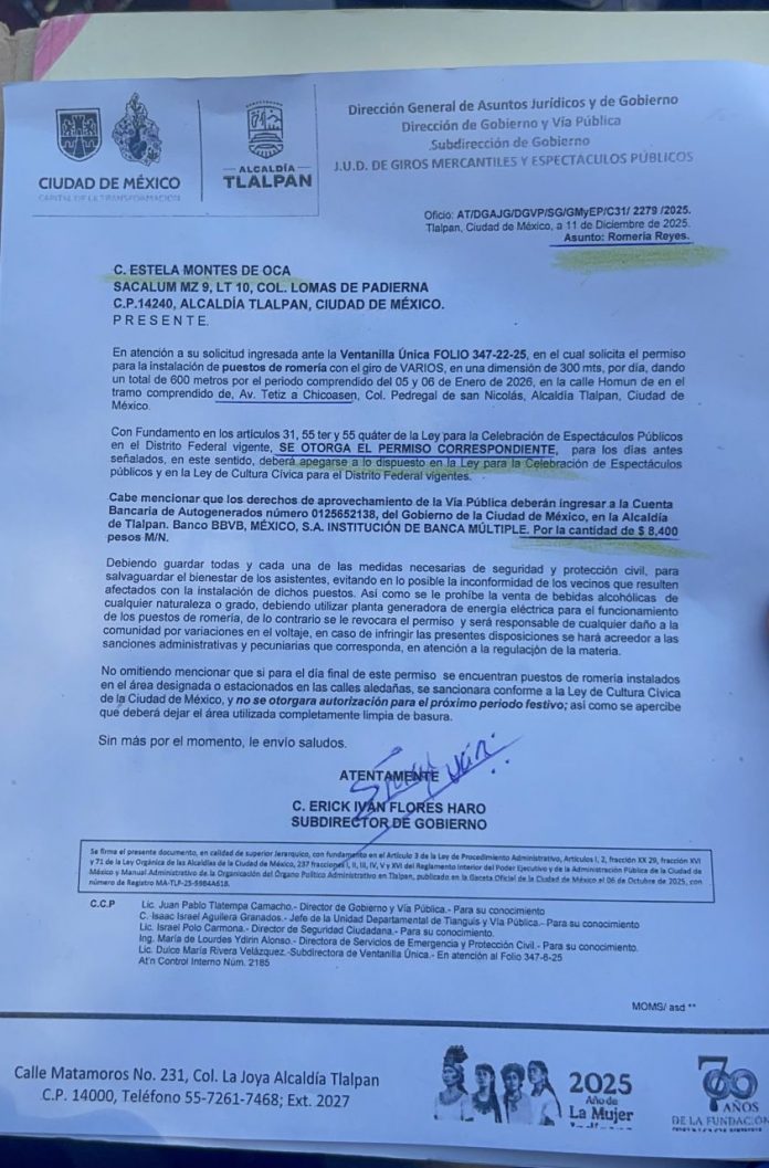 El documento que otorgó el permiso a la organización de Estela Montes de Oca González.