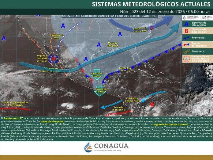 LLUVIAS PUNTUALES INTENSAS EN VERACRUZ, TABASCO Y CHIAPAS, EVENTO DE NORTE INTENSO EN EL ISTMO DE TEHUANTEPEC DISMINUYENDO POR LA NOCHE Y POSIBLE CAÍDA DE NIEVE O AGUANIEVE EN EL NOROESTE, NORTE Y NORESTE DE MÉXICO.-clamorsocial.com