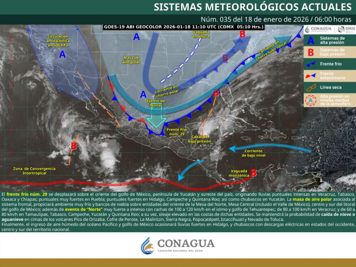 EVENTO DE “NORTE” FUERTE A MUY FUERTE EN EL GOLFO DE MÉXICO, E INTENSO EN EL ISTMO Y GOLFO DE TEHUANTEPEC. LLUVIAS PUNTUALES INTENSAS EN VERACRUZ, TABASCO, OAXACA Y CHIAPAS, Y POSIBLE CAÍDA DE NIEVE O AGUANIEVE EN CIMAS MONTAÑOSAS DEL CENTRO Y ORIENTE DEL PAÍS.